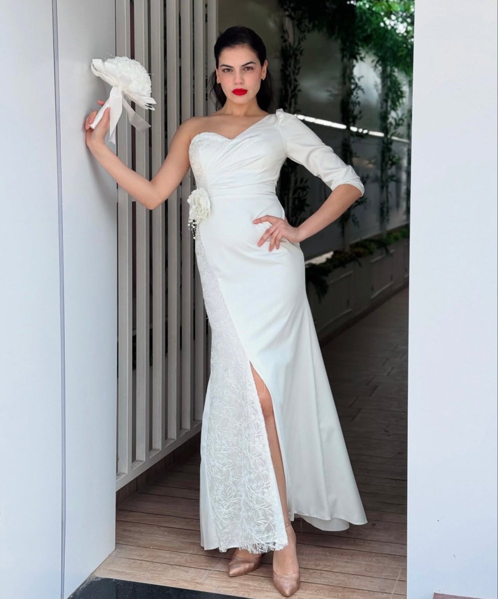 LÉA: robe asymétrique, manche unique - Aube Couture