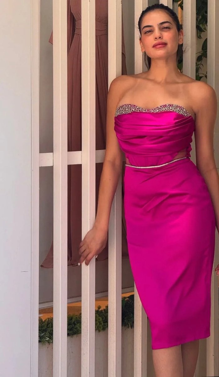 LYANA: robe rose bustier cristaux - Aube Couture